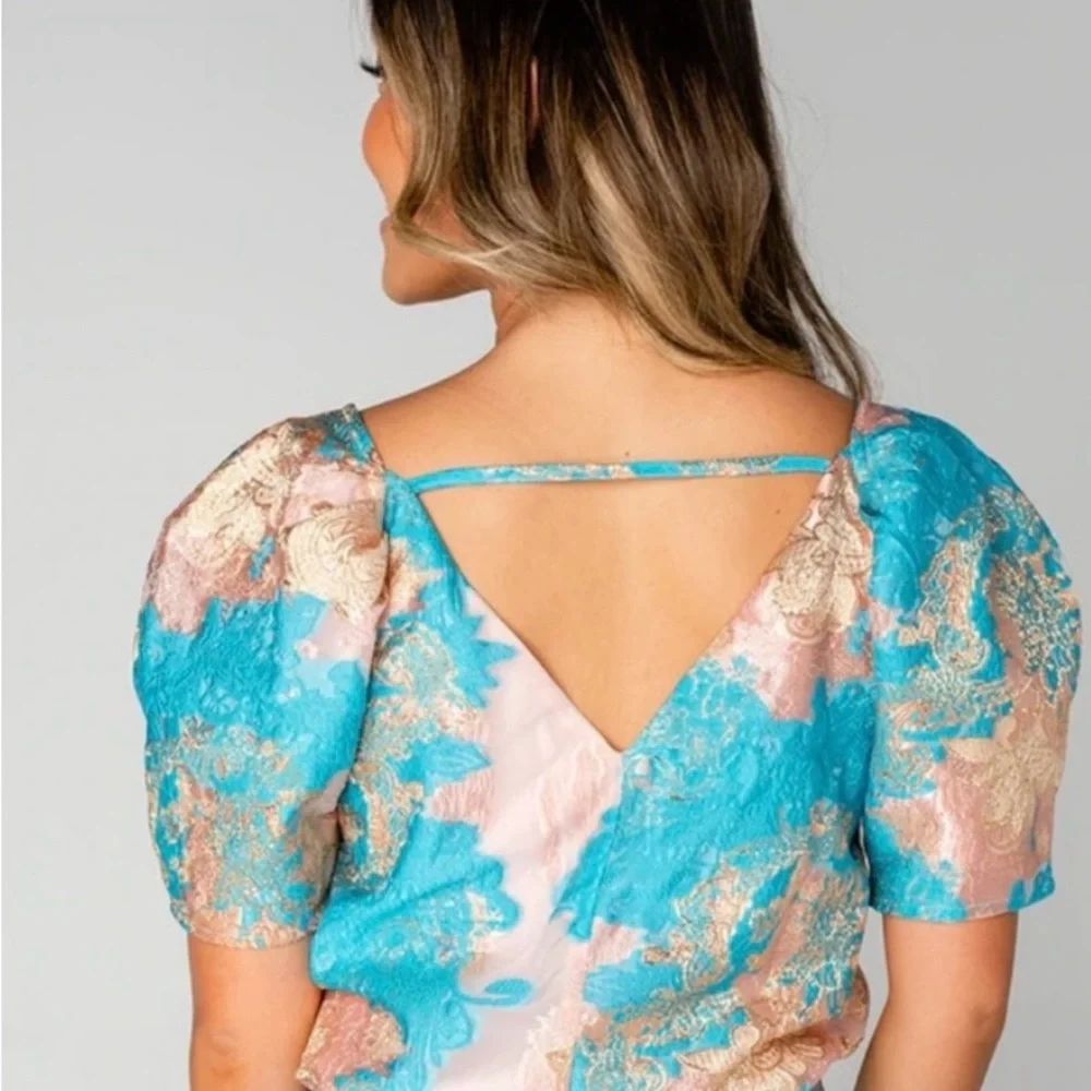 Buddy Love Turquoise Pink Gold Floral Satin Blouse - Picture 2 of 6
